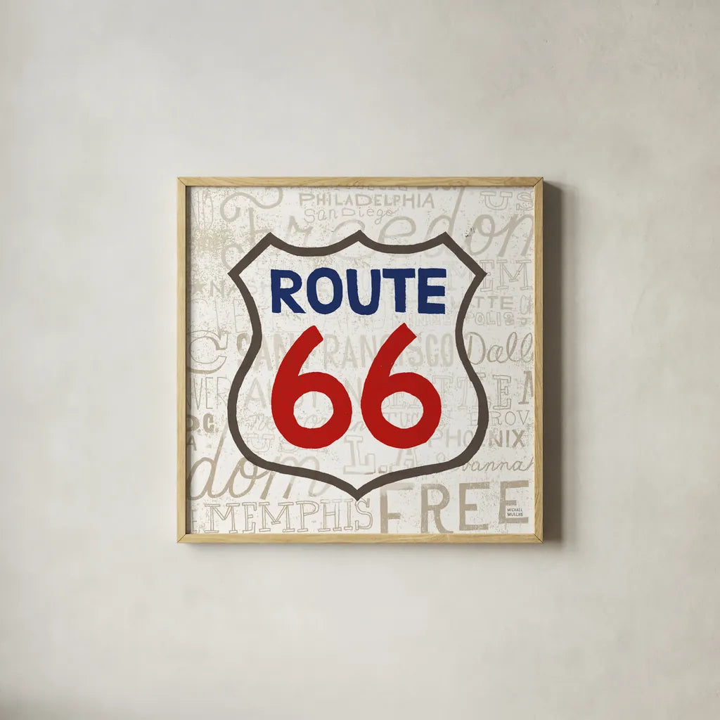 Road Trip Route 66 Navy Red by Michael Mullan. Shown in a natural wood glass frame for a timeless modern aesthetic. Available as an archival giclee rolled canvas, fine art paper, or poster print. SKU 32582a.