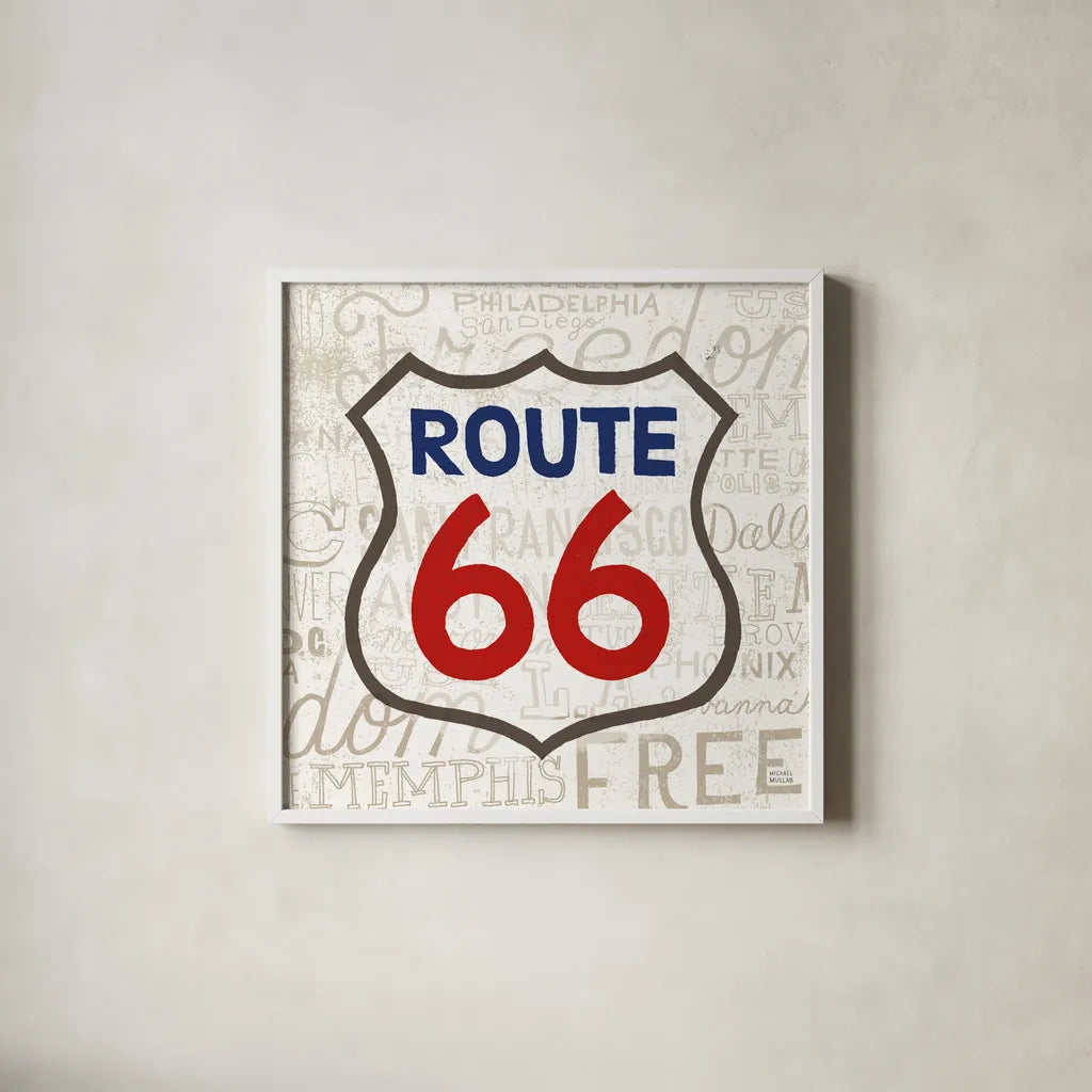 Road Trip Route 66 Navy Red by Michael Mullan. Shown in a crisp white glass frame for a clean and minimalist style. Available as an archival giclee rolled canvas, fine art paper, or poster print. SKU 32582a.