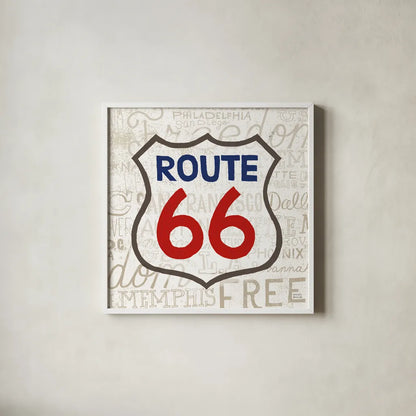 Road Trip Route 66 Navy Red by Michael Mullan. Shown in a crisp white glass frame for a clean and minimalist style. Available as an archival giclee rolled canvas, fine art paper, or poster print. SKU 32582a.
