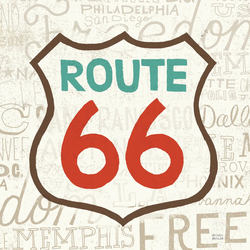 Road Trip Route 66 Retro by Michael Mullan. SKU 32581a. Archival Giclee Fine art print for wall decor.