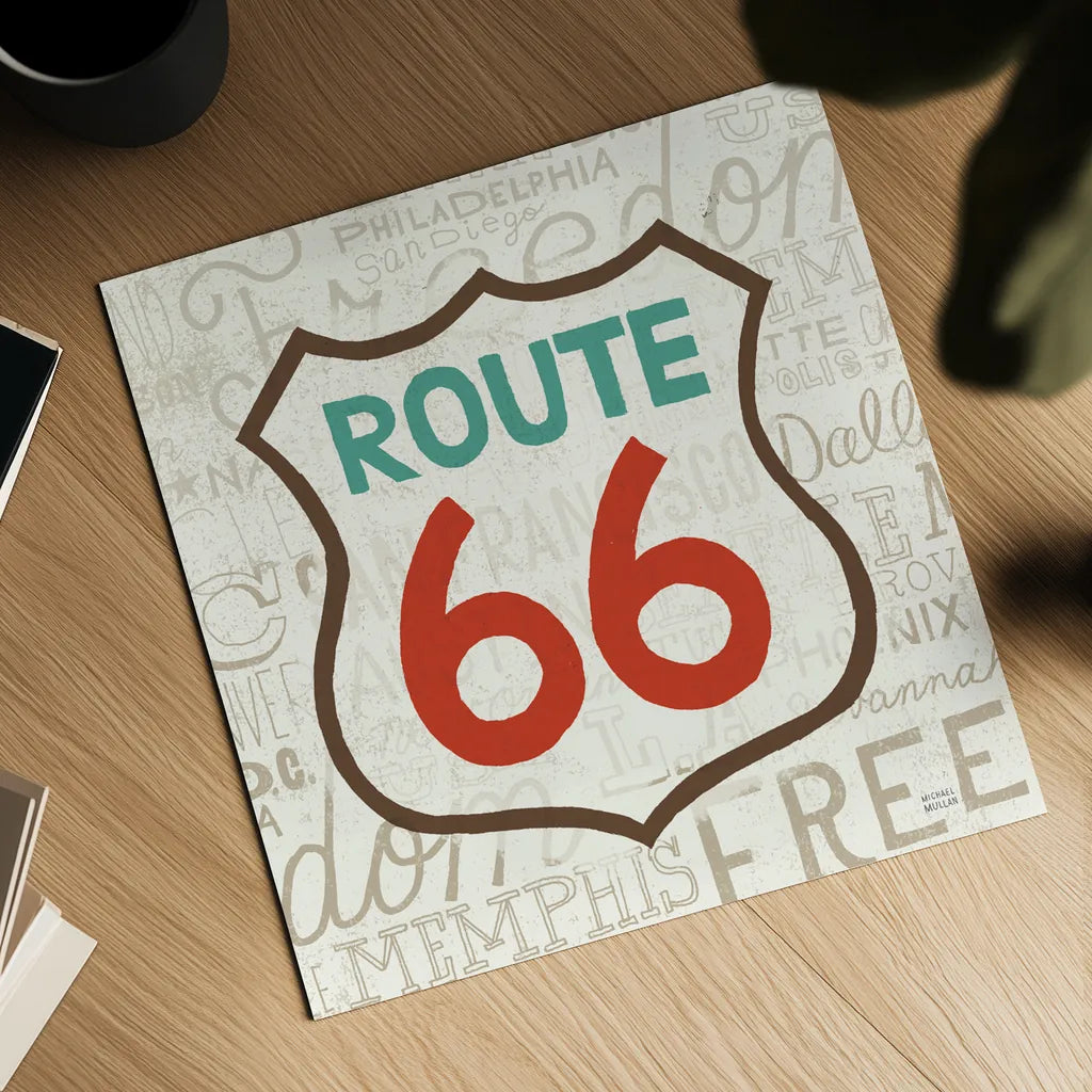 Road Trip Route 66 Retro by Michael Mullan. Shown as a detailed flat fine art print, highlighting archival giclee quality. Available as an archival giclee rolled canvas, fine art paper, or poster print. SKU 32581a.