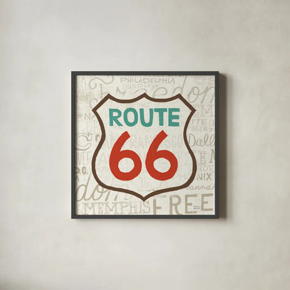 Road Trip Route 66 Retro by Michael Mullan. Shown in a sleek black glass frame for a contemporary gallery look. Available as an archival giclee rolled canvas, fine art paper, or poster print. SKU 32581a.