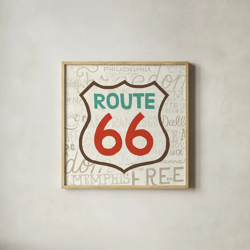 Road Trip Route 66 Retro by Michael Mullan. Shown in a natural wood glass frame for a timeless modern aesthetic. Available as an archival giclee rolled canvas, fine art paper, or poster print. SKU 32581a.