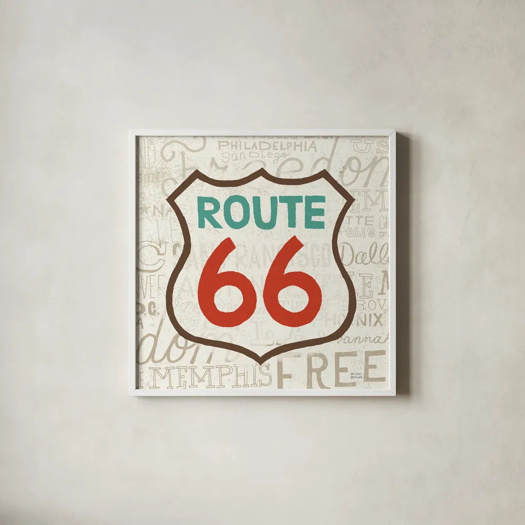 Road Trip Route 66 Retro by Michael Mullan. Shown in a crisp white glass frame for a clean and minimalist style. Available as an archival giclee rolled canvas, fine art paper, or poster print. SKU 32581a.