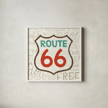 Road Trip Route 66 Retro by Michael Mullan. Shown in a crisp white glass frame for a clean and minimalist style. Available as an archival giclee rolled canvas, fine art paper, or poster print. SKU 32581a.
