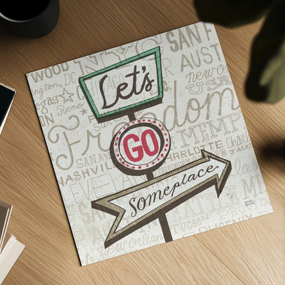 Road Trip Route Lets Go Someplace by Michael Mullan. Shown as a detailed flat fine art print, highlighting archival giclee quality. Available as an archival giclee rolled canvas, fine art paper, or poster print. SKU 20968a.