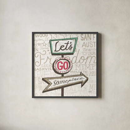 Road Trip Route Lets Go Someplace by Michael Mullan. Shown in a sleek black glass frame for a contemporary gallery look. Available as an archival giclee rolled canvas, fine art paper, or poster print. SKU 20968a.