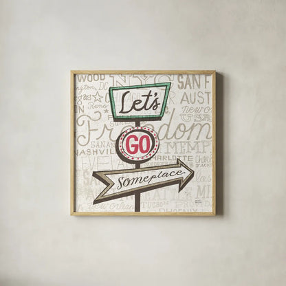 Road Trip Route Lets Go Someplace by Michael Mullan. Shown in a natural wood glass frame for a timeless modern aesthetic. Available as an archival giclee rolled canvas, fine art paper, or poster print. SKU 20968a.