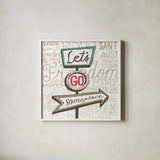 Road Trip Route Lets Go Someplace by Michael Mullan. Shown in a crisp white glass frame for a clean and minimalist style. Available as an archival giclee rolled canvas, fine art paper, or poster print. SKU 20968a.