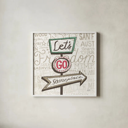 Road Trip Route Lets Go Someplace by Michael Mullan. Shown in a crisp white glass frame for a clean and minimalist style. Available as an archival giclee rolled canvas, fine art paper, or poster print. SKU 20968a.