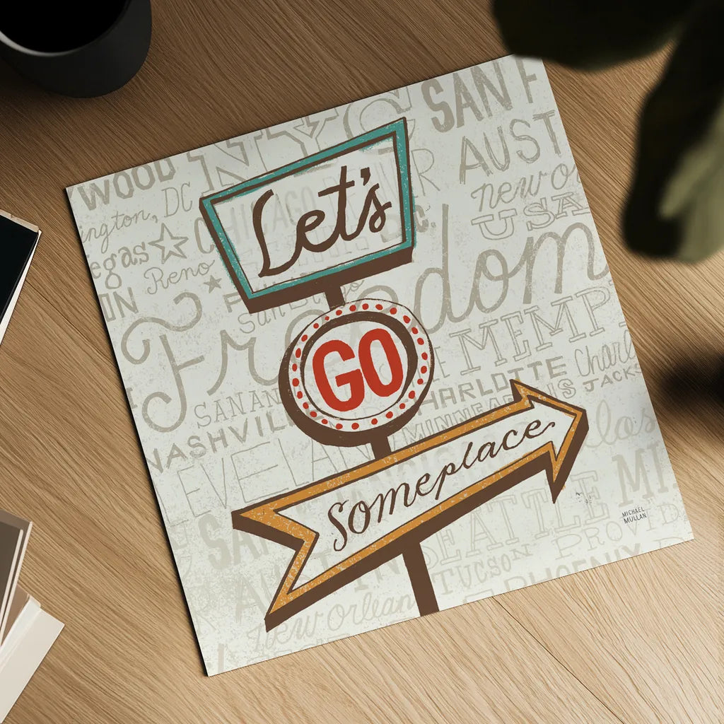 Road Trip Route Lets Go Someplace Retro by Michael Mullan. Shown as a detailed flat fine art print, highlighting archival giclee quality. Available as an archival giclee rolled canvas, fine art paper, or poster print. SKU 32584a.