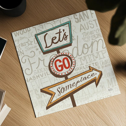 Road Trip Route Lets Go Someplace Retro by Michael Mullan. Shown as a detailed flat fine art print, highlighting archival giclee quality. Available as an archival giclee rolled canvas, fine art paper, or poster print. SKU 32584a.