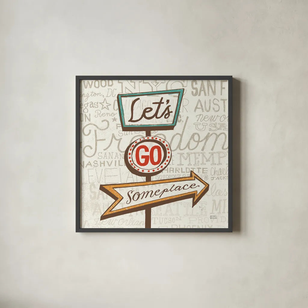 Road Trip Route Lets Go Someplace Retro by Michael Mullan. Shown in a sleek black glass frame for a contemporary gallery look. Available as an archival giclee rolled canvas, fine art paper, or poster print. SKU 32584a.