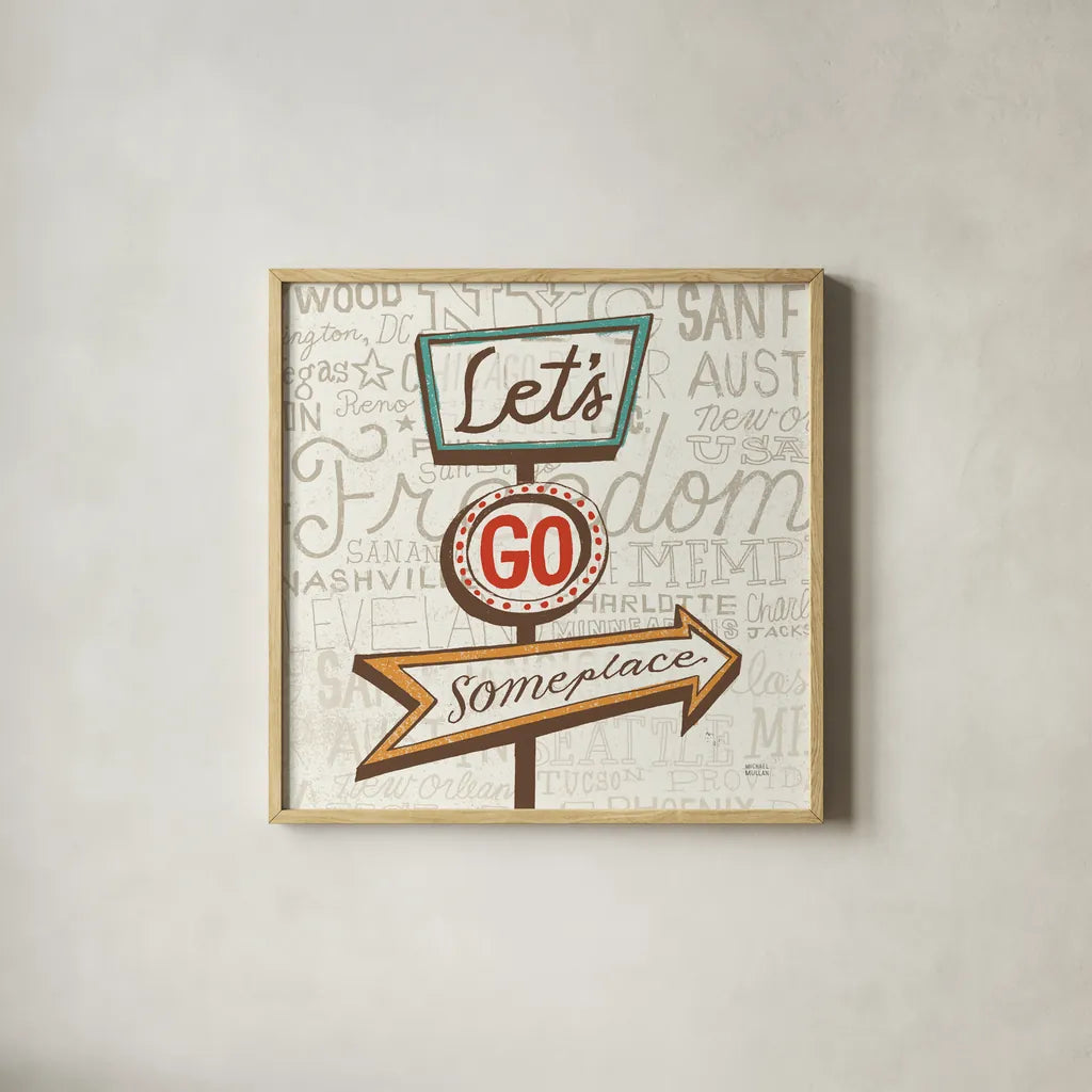 Road Trip Route Lets Go Someplace Retro by Michael Mullan. Shown in a natural wood glass frame for a timeless modern aesthetic. Available as an archival giclee rolled canvas, fine art paper, or poster print. SKU 32584a.