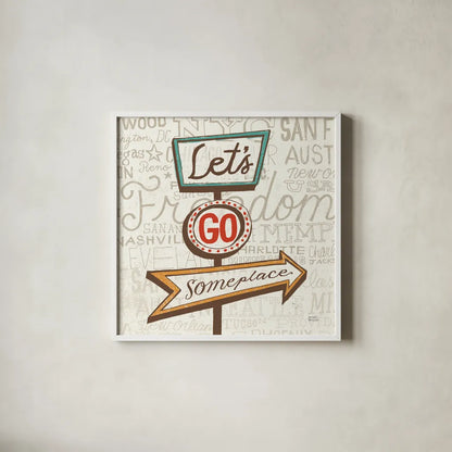 Road Trip Route Lets Go Someplace Retro by Michael Mullan. Shown in a crisp white glass frame for a clean and minimalist style. Available as an archival giclee rolled canvas, fine art paper, or poster print. SKU 32584a.