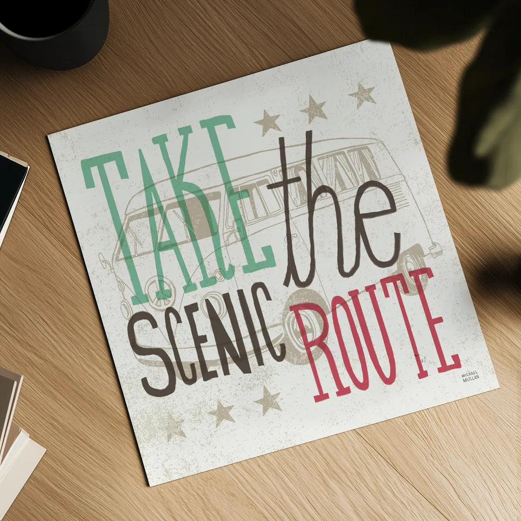 Road Trip Scenic Route by Michael Mullan. Shown as a detailed flat fine art print, highlighting archival giclee quality. Available as an archival giclee rolled canvas, fine art paper, or poster print. SKU 32585a.