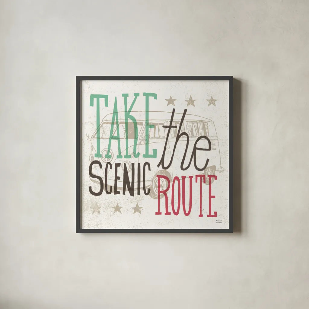 Road Trip Scenic Route by Michael Mullan. Shown in a sleek black glass frame for a contemporary gallery look. Available as an archival giclee rolled canvas, fine art paper, or poster print. SKU 32585a.