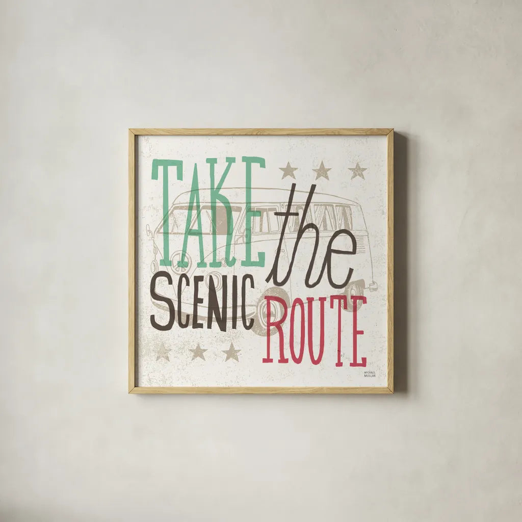 Road Trip Scenic Route by Michael Mullan. Shown in a natural wood glass frame for a timeless modern aesthetic. Available as an archival giclee rolled canvas, fine art paper, or poster print. SKU 32585a.