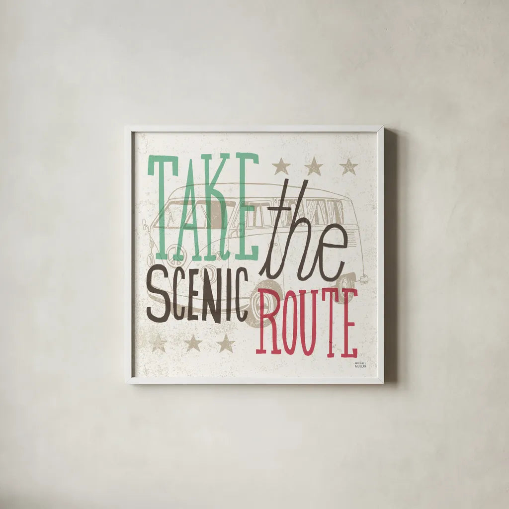 Road Trip Scenic Route by Michael Mullan. Shown in a crisp white glass frame for a clean and minimalist style. Available as an archival giclee rolled canvas, fine art paper, or poster print. SKU 32585a.