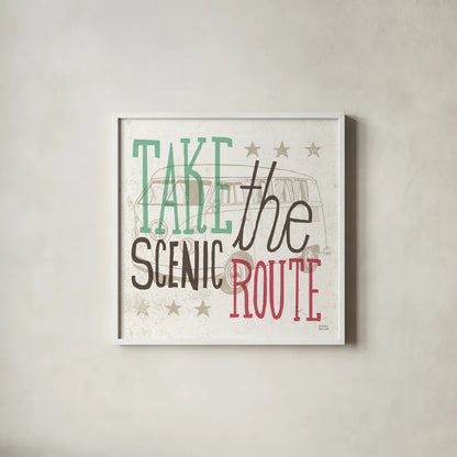 Road Trip Scenic Route by Michael Mullan. Shown in a crisp white glass frame for a clean and minimalist style. Available as an archival giclee rolled canvas, fine art paper, or poster print. SKU 32585a.