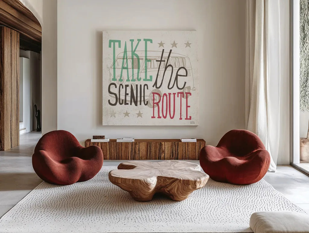 Road Trip Scenic Route by Michael Mullan. Shown as extra-large giant wall art in a modern living room. Available as an archival giclee rolled canvas, fine art paper, or poster print. SKU 32585a.