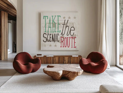 Road Trip Scenic Route by Michael Mullan. Shown as extra-large giant wall art in a modern living room. Available as an archival giclee rolled canvas, fine art paper, or poster print. SKU 32585a.