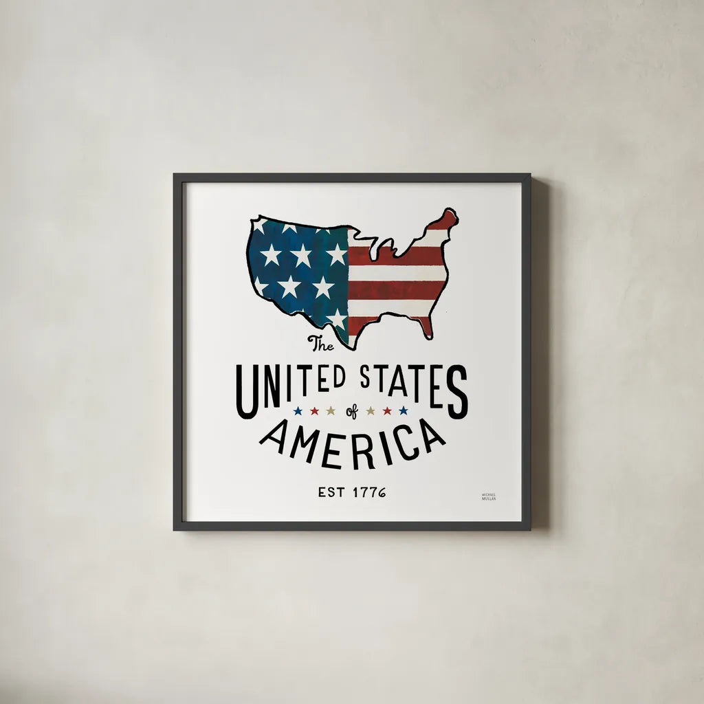 Road Trip United States of America by Michael Mullan. Shown in a sleek black glass frame for a contemporary gallery look. Available as an archival giclee rolled canvas, fine art paper, or poster print. SKU 98928a.