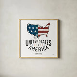Road Trip United States of America by Michael Mullan. Shown in a natural wood glass frame for a timeless modern aesthetic. Available as an archival giclee rolled canvas, fine art paper, or poster print. SKU 98928a.