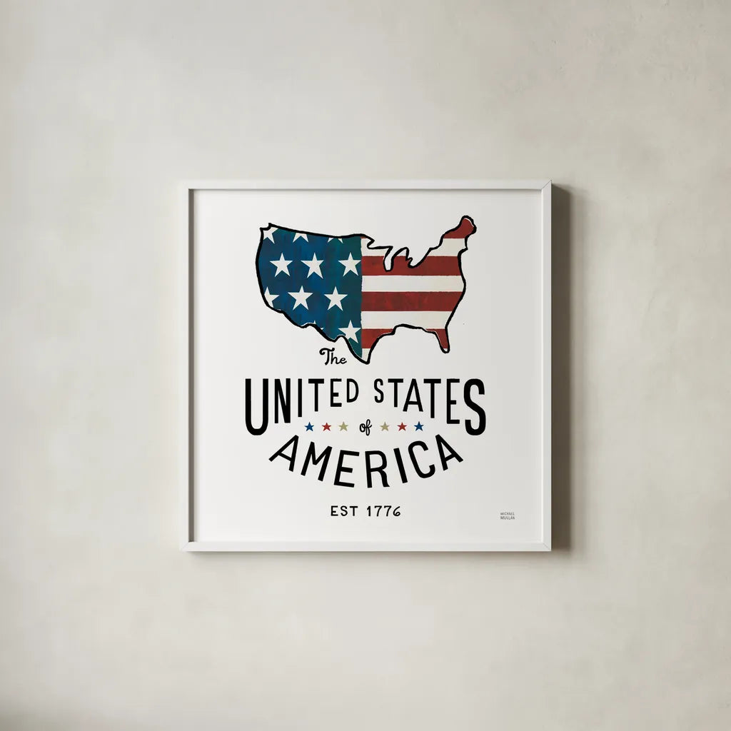 Road Trip United States of America by Michael Mullan. Shown in a crisp white glass frame for a clean and minimalist style. Available as an archival giclee rolled canvas, fine art paper, or poster print. SKU 98928a.