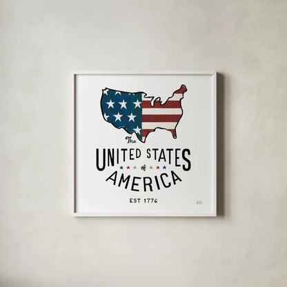 Road Trip United States of America by Michael Mullan. Shown in a crisp white glass frame for a clean and minimalist style. Available as an archival giclee rolled canvas, fine art paper, or poster print. SKU 98928a.