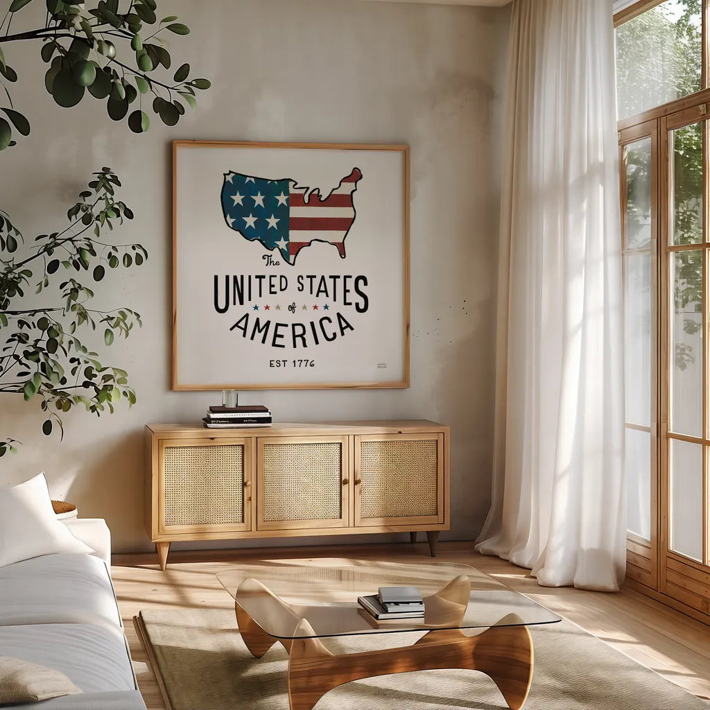 Road Trip United States of America by Michael Mullan. Shown in a natural wood frame in a cozy modern living room. Available as an archival giclee rolled canvas, fine art paper, or poster print. SKU 98928a.