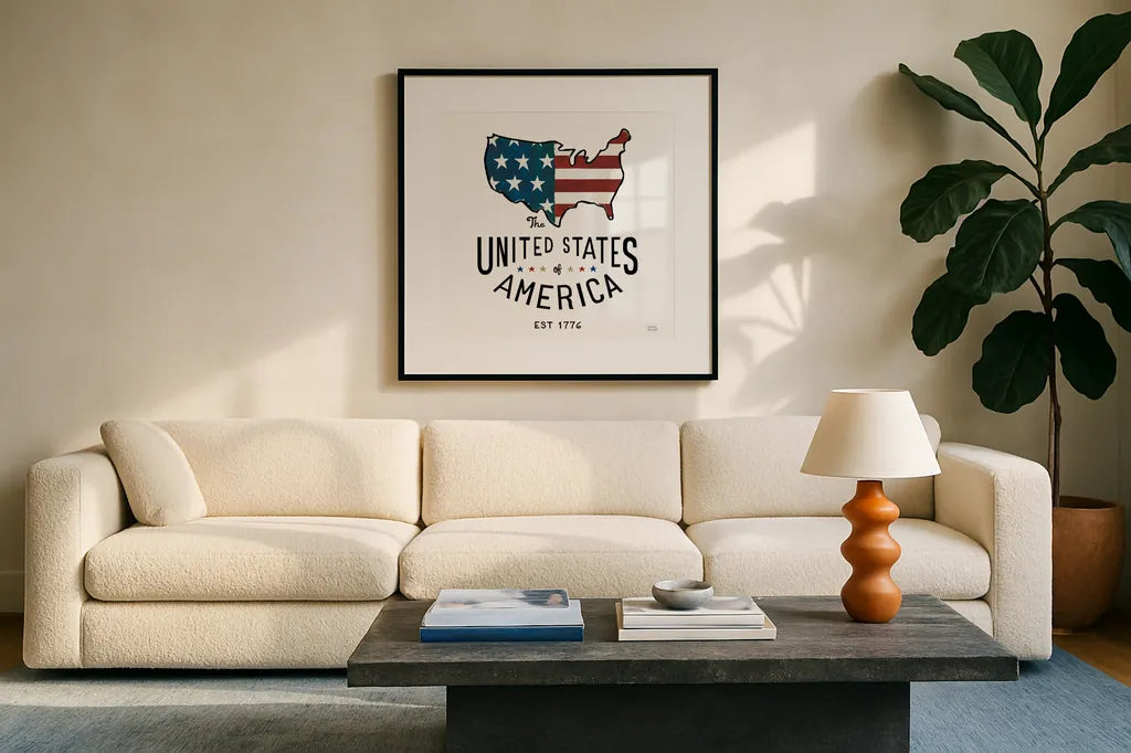 Road Trip United States of America by Michael Mullan. Displayed in a glass frame with matte in a clean modern living room. Available as an archival giclee rolled canvas, fine art paper, or poster print. SKU 98928a.