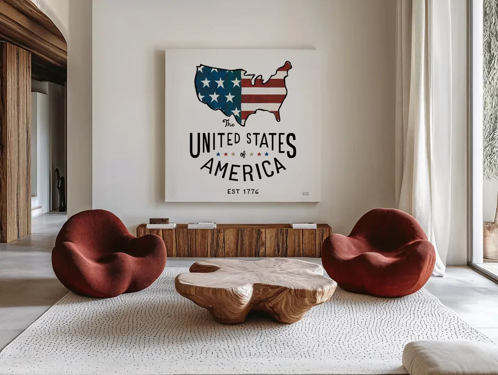 Road Trip United States of America by Michael Mullan. Shown as extra-large giant wall art in a modern living room. Available as an archival giclee rolled canvas, fine art paper, or poster print. SKU 98928a.