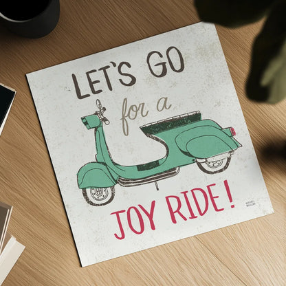 Road Trip Vespa by Michael Mullan. Shown as a detailed flat fine art print, highlighting archival giclee quality. Available as an archival giclee rolled canvas, fine art paper, or poster print. SKU 20969a.