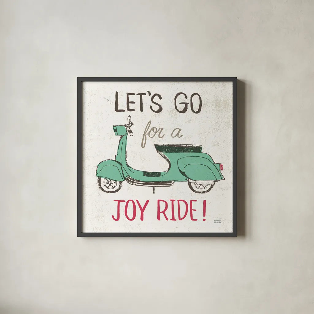 Road Trip Vespa by Michael Mullan. Shown in a sleek black glass frame for a contemporary gallery look. Available as an archival giclee rolled canvas, fine art paper, or poster print. SKU 20969a.