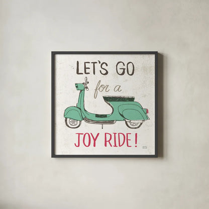 Road Trip Vespa by Michael Mullan. Shown in a sleek black glass frame for a contemporary gallery look. Available as an archival giclee rolled canvas, fine art paper, or poster print. SKU 20969a.