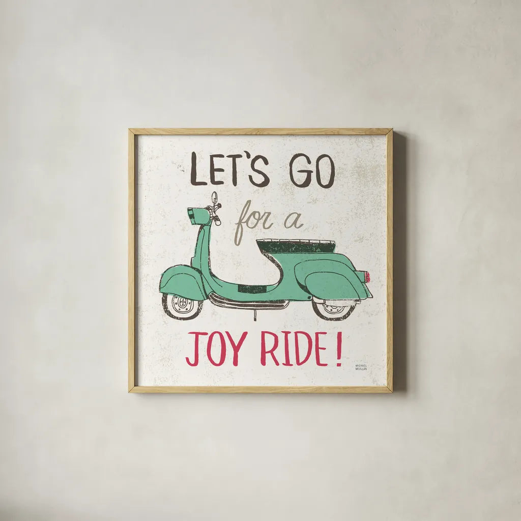 Road Trip Vespa by Michael Mullan. Shown in a natural wood glass frame for a timeless modern aesthetic. Available as an archival giclee rolled canvas, fine art paper, or poster print. SKU 20969a.