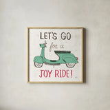 Road Trip Vespa by Michael Mullan. Shown in a natural wood glass frame for a timeless modern aesthetic. Available as an archival giclee rolled canvas, fine art paper, or poster print. SKU 20969a.