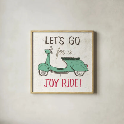 Road Trip Vespa by Michael Mullan. Shown in a natural wood glass frame for a timeless modern aesthetic. Available as an archival giclee rolled canvas, fine art paper, or poster print. SKU 20969a.