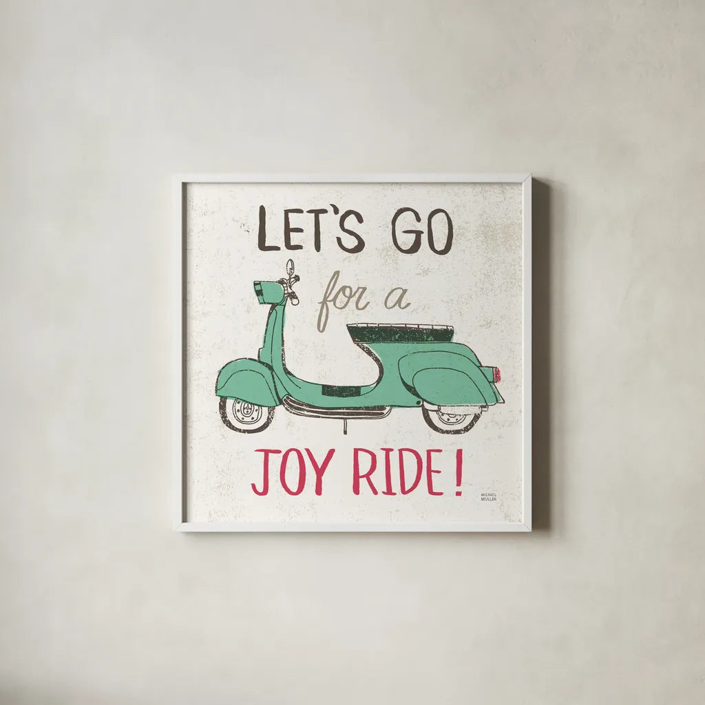 Road Trip Vespa by Michael Mullan. Shown in a crisp white glass frame for a clean and minimalist style. Available as an archival giclee rolled canvas, fine art paper, or poster print. SKU 20969a.