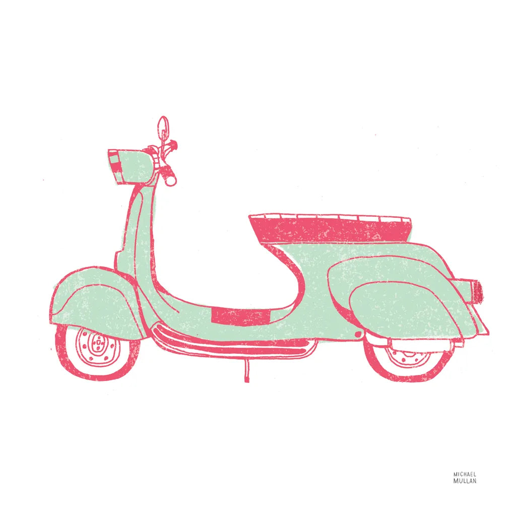Road Trip Vespa Pink Green by Michael Mullan. SKU 52913a. Archival Giclee Fine art print for wall decor.