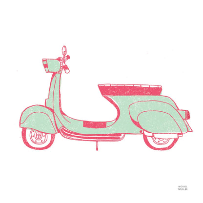 Road Trip Vespa Pink Green by Michael Mullan. SKU 52913a. Archival Giclee Fine art print for wall decor.