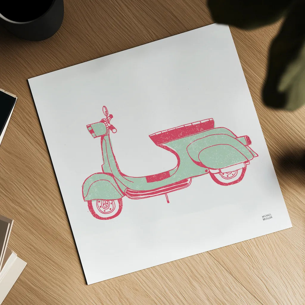 Road Trip Vespa Pink Green by Michael Mullan. Shown as a detailed flat fine art print, highlighting archival giclee quality. Available as an archival giclee rolled canvas, fine art paper, or poster print. SKU 52913a.