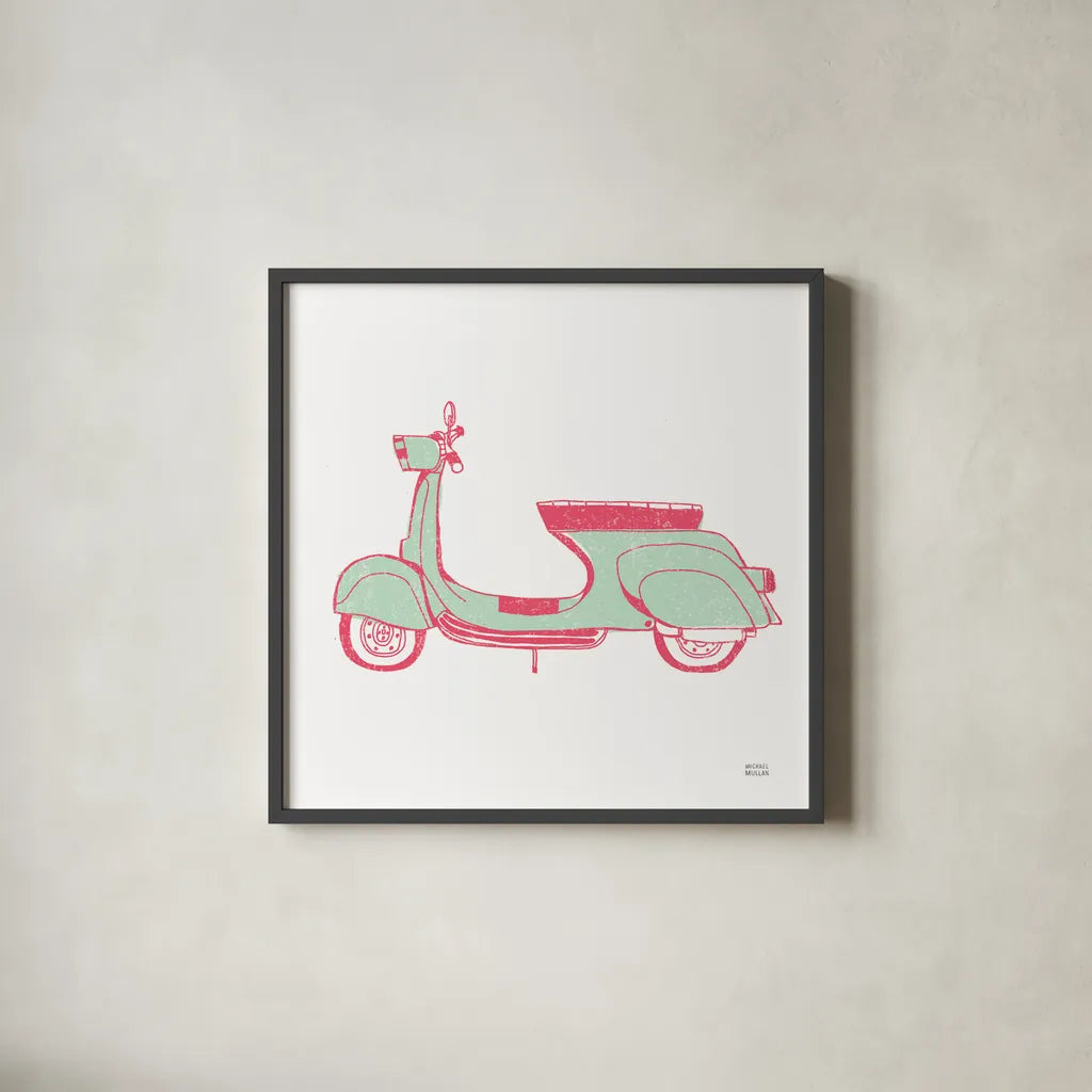 Road Trip Vespa Pink Green by Michael Mullan. Shown in a sleek black glass frame for a contemporary gallery look. Available as an archival giclee rolled canvas, fine art paper, or poster print. SKU 52913a.