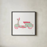 Road Trip Vespa Pink Green by Michael Mullan. Shown in a sleek black glass frame for a contemporary gallery look. Available as an archival giclee rolled canvas, fine art paper, or poster print. SKU 52913a.