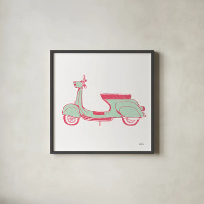 Road Trip Vespa Pink Green by Michael Mullan. Shown in a sleek black glass frame for a contemporary gallery look. Available as an archival giclee rolled canvas, fine art paper, or poster print. SKU 52913a.