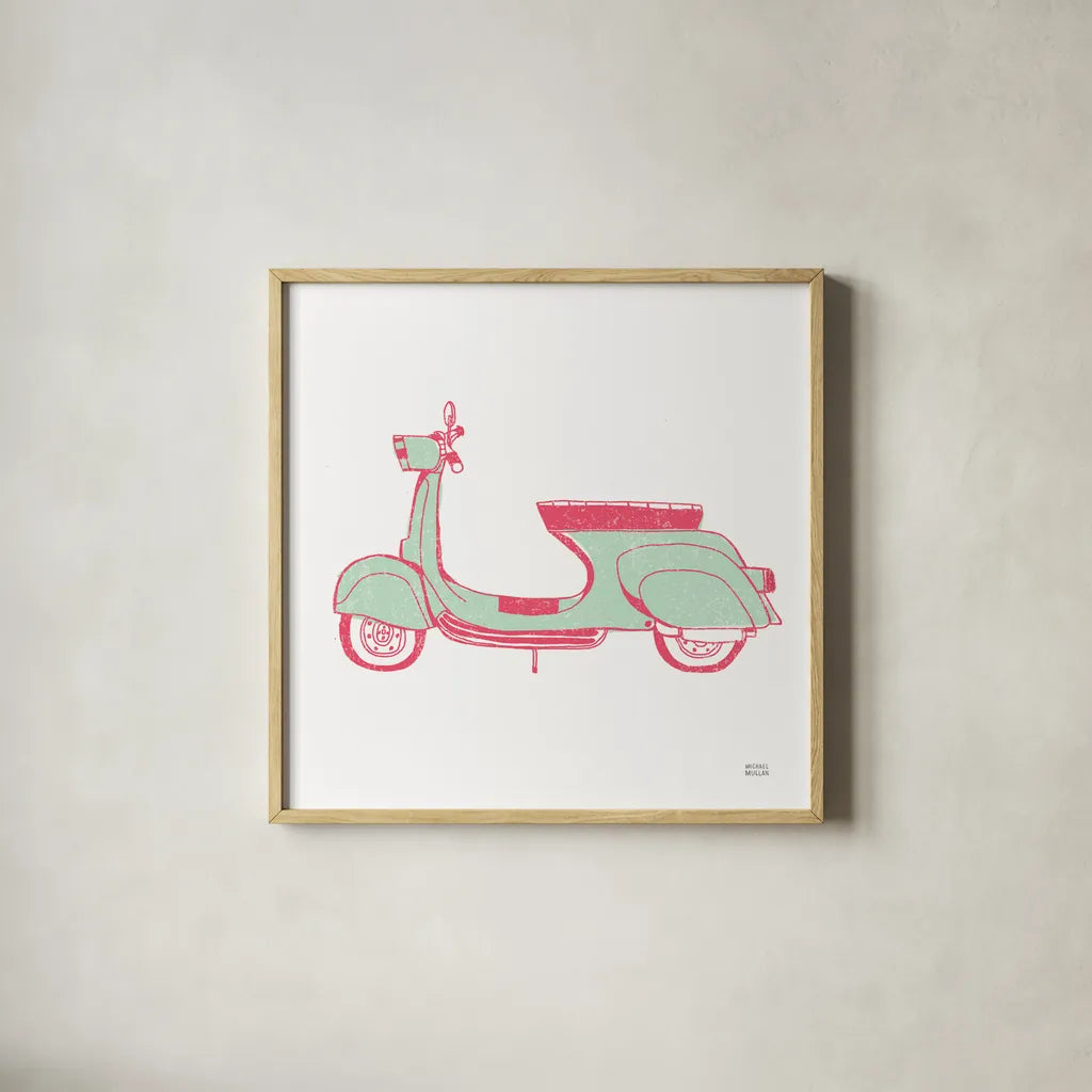 Road Trip Vespa Pink Green by Michael Mullan. Shown in a natural wood glass frame for a timeless modern aesthetic. Available as an archival giclee rolled canvas, fine art paper, or poster print. SKU 52913a.