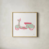 Road Trip Vespa Pink Green by Michael Mullan. Shown in a natural wood glass frame for a timeless modern aesthetic. Available as an archival giclee rolled canvas, fine art paper, or poster print. SKU 52913a.