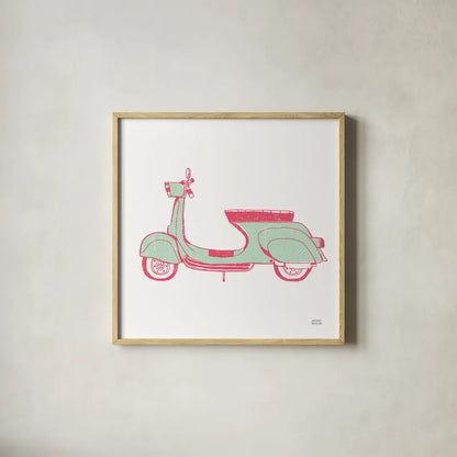 Road Trip Vespa Pink Green by Michael Mullan. Shown in a natural wood glass frame for a timeless modern aesthetic. Available as an archival giclee rolled canvas, fine art paper, or poster print. SKU 52913a.