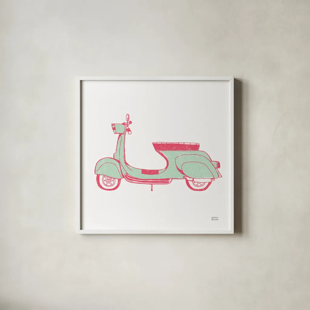 Road Trip Vespa Pink Green by Michael Mullan. Shown in a crisp white glass frame for a clean and minimalist style. Available as an archival giclee rolled canvas, fine art paper, or poster print. SKU 52913a.